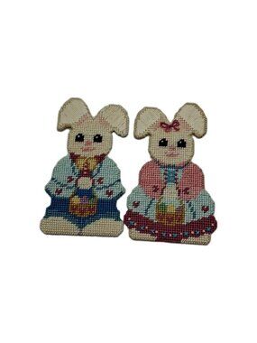 2 Vtg Needle Point Cross Stitch Canvas Art, Easter Bunnies - Fridge Magnets 5" T